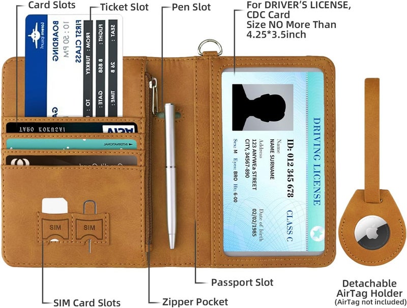 WALNEW AirTag Passport Holder and Vaccine Card Holder Combo, RFID Blocking Travel Passport Wallet with Vaccine Card Protector Slot and Airtag Protective Case(Brown) - Image 2